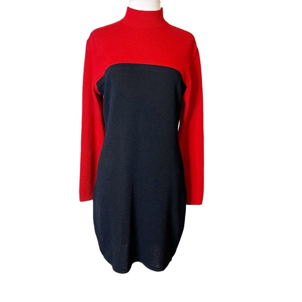 VINTAGE St. John color block long‎ sleeve knit Mini dress red black sz 6